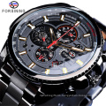 Forsining 157 Three Dial Calendar Display Black Stainless Steel Men Automatic Watch Top Brand Luxury Military Sport Male Clock